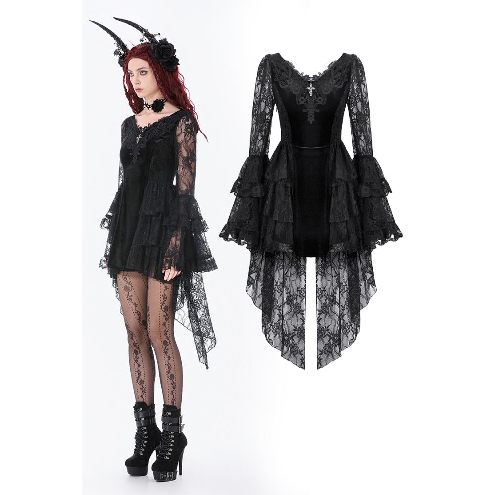 Dark in Love - Classic Gothic Velvet & Lace Embroidered Short dress - Black